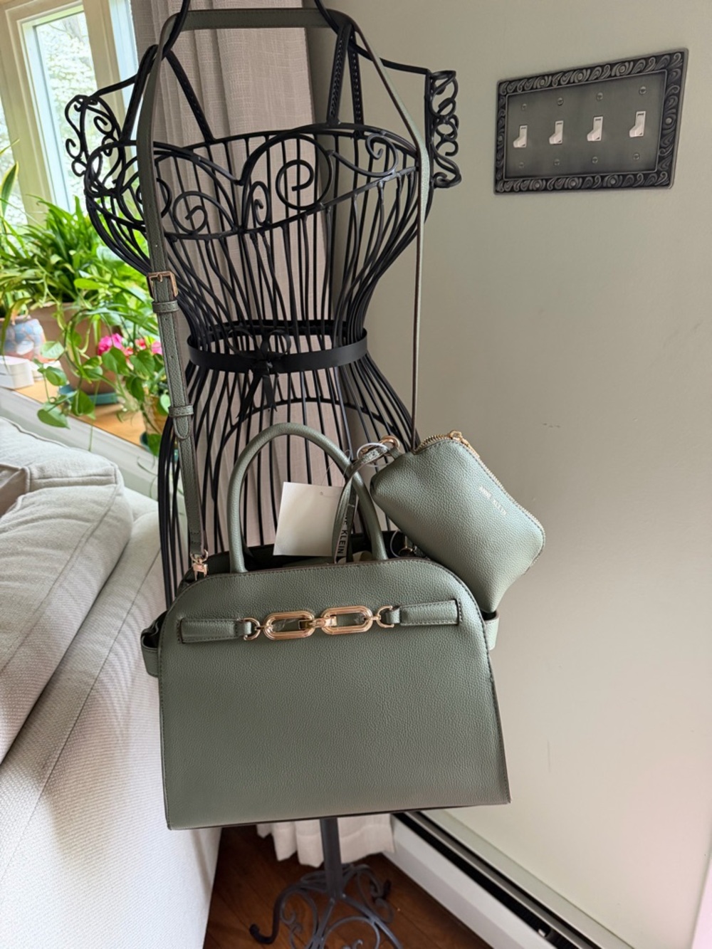 Anne Klein Sage Green Structured Satchel with Coin Pouch